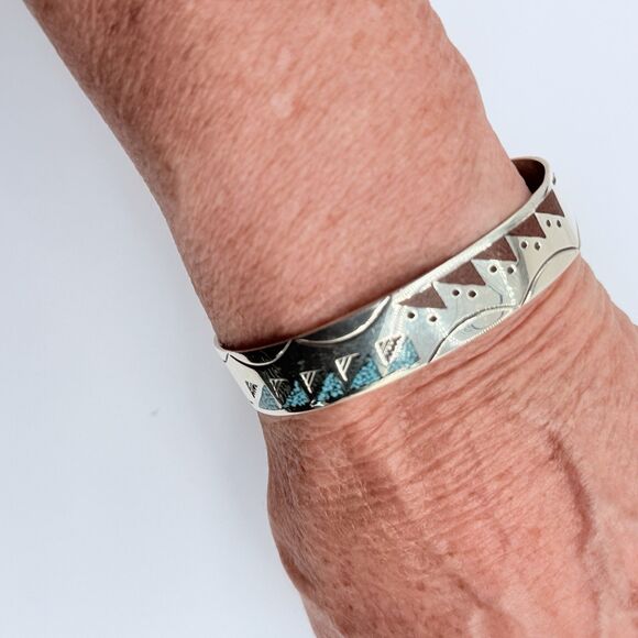 Sterling Silver Turquoise Inlay Cuff Bracelet Signed Ray B - Picture 5 of 6